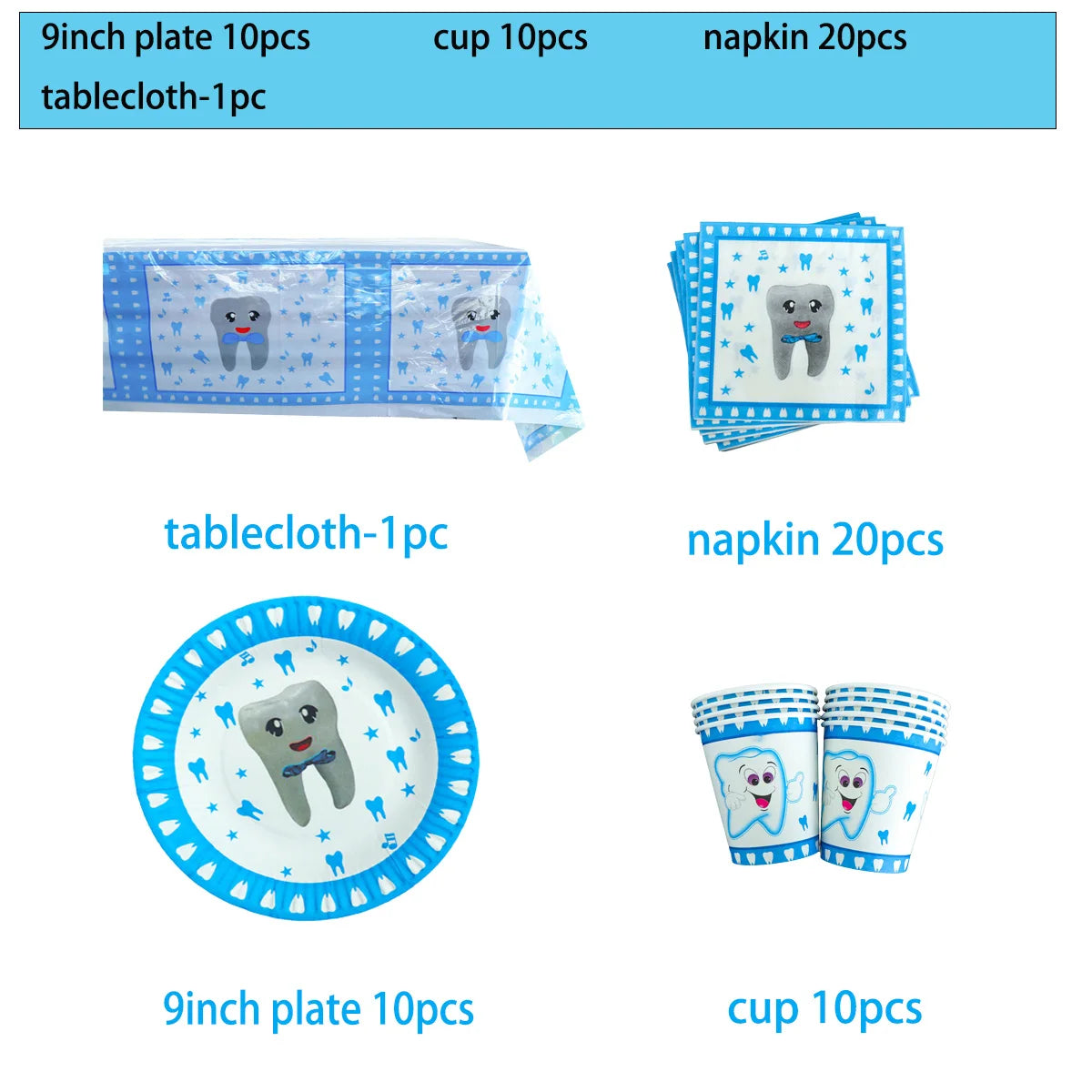 Blue My First Tooth Theme Birthday Party Decorations Disposable Tableware Balloon Banner Cake Toppers Kid Boys Baby Shower Gifts