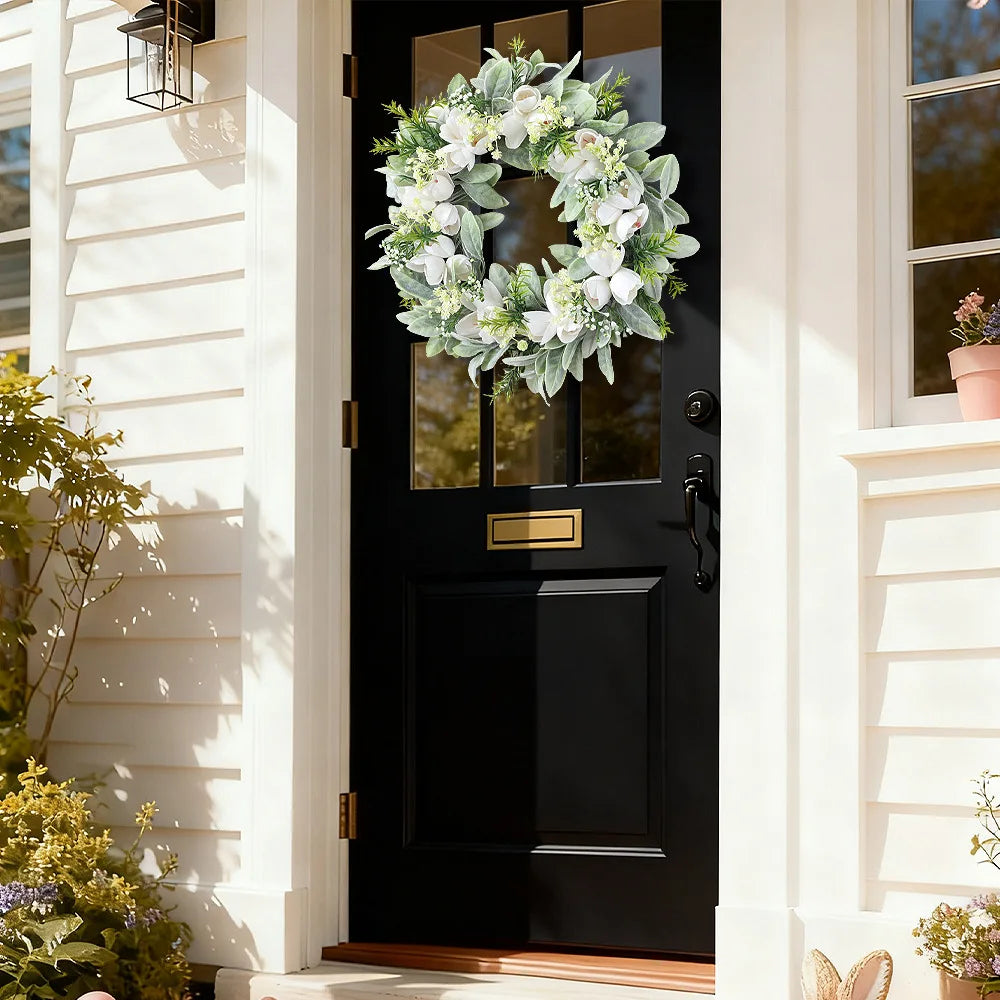 YeeNanee Vibrant Wild Flowers Spring Wreaths for Front Door Artificial Daisy Tulip Lambs Ear Summer Wreath Home Wall Decoration