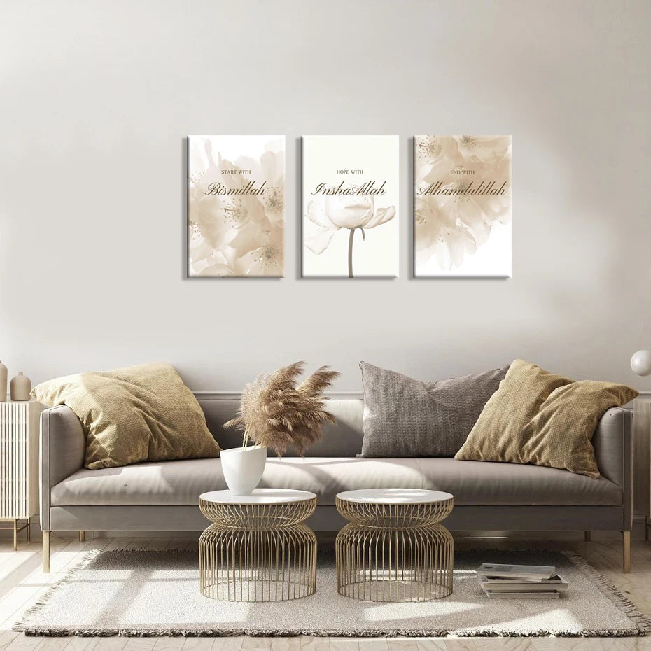 3PCS Framed Islamic Bismillah Alhamdulillah Inshallah Flower Wall Art Canvas Prints Art Paintings Poster Living Room Home Decor