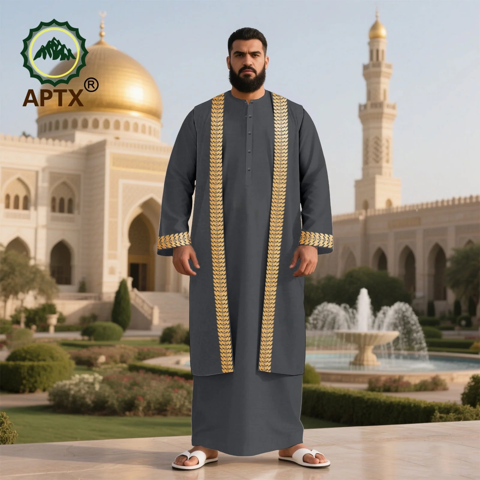 Men's Long Islamic Jubba Thobe Robe with African Embroidery Fashionable Muslim Clothing Modern Prayer Eid Robe for Men