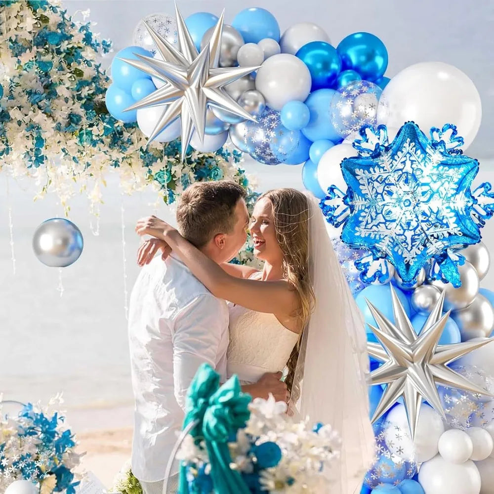 Snowflake Balloon Garland Arch kit, Silver Blue White Balloon Arch With Snowflake Foil Balloons for Winter Fantasy Holiday Chris