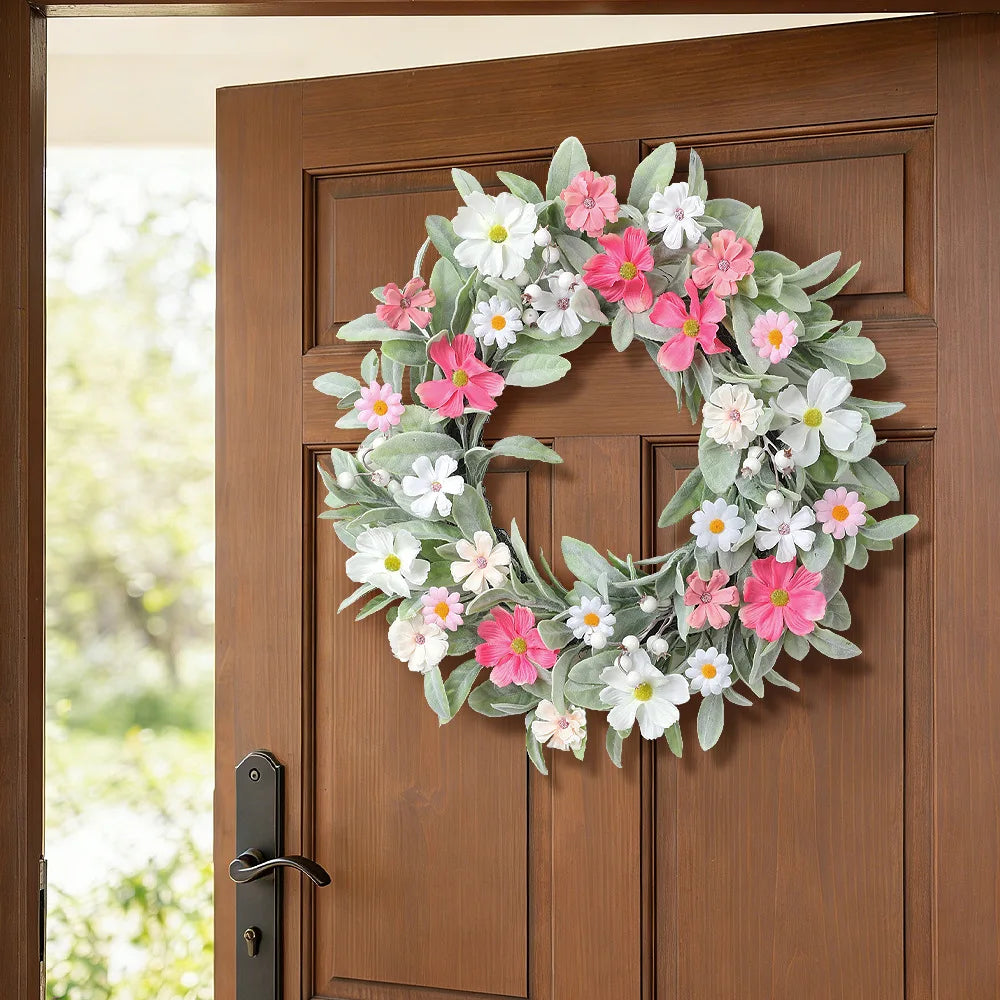 YeeNanee Vibrant Wild Flowers Spring Wreaths for Front Door Artificial Daisy Tulip Lambs Ear Summer Wreath Home Wall Decoration