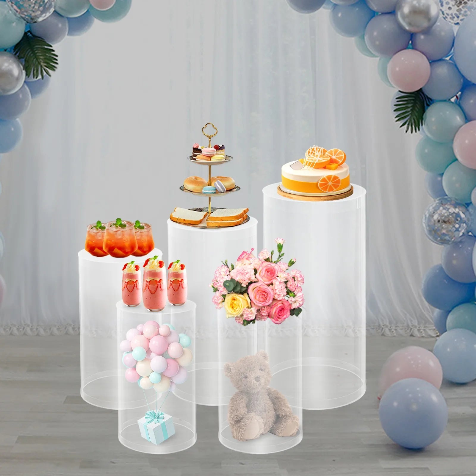 5pcs Crystal-Clear Cylinder Wedding Display Stands, Versatile Acrylic Centerpiece for Table Decor, Modern Dessert Cupcake Risers