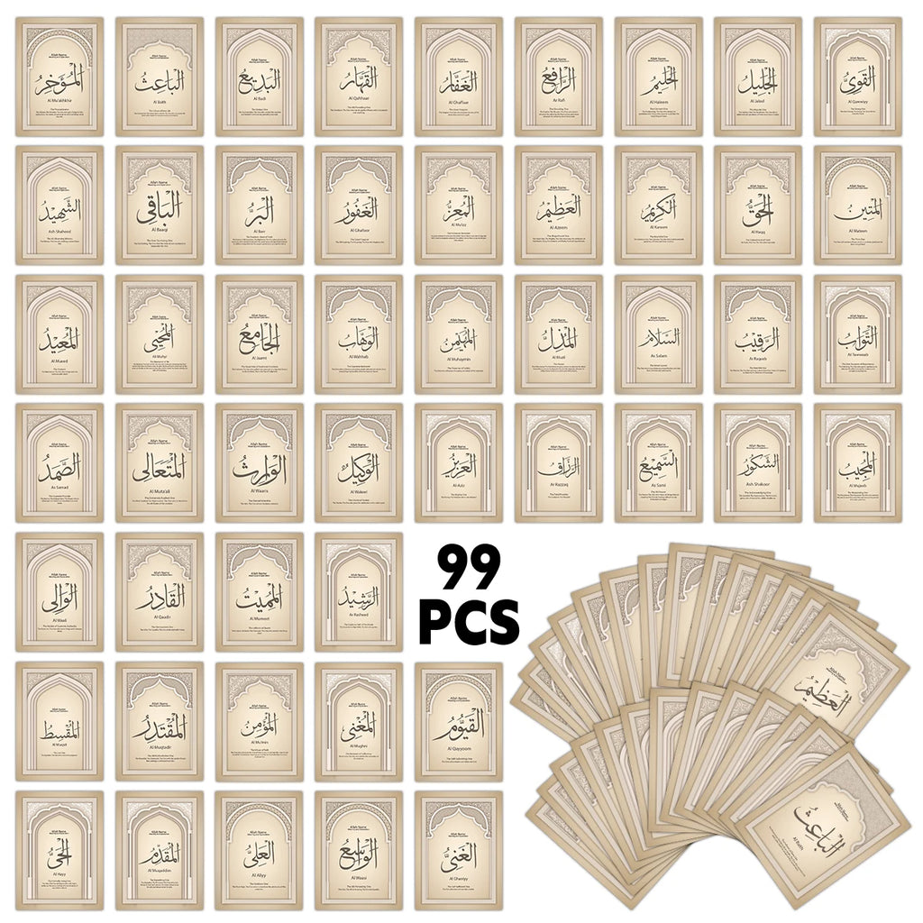 99pcs Names Of Allah With Meaning Cards For Sunday School English Arabic Text, For Ramadan, Eid,family Education Religious Study