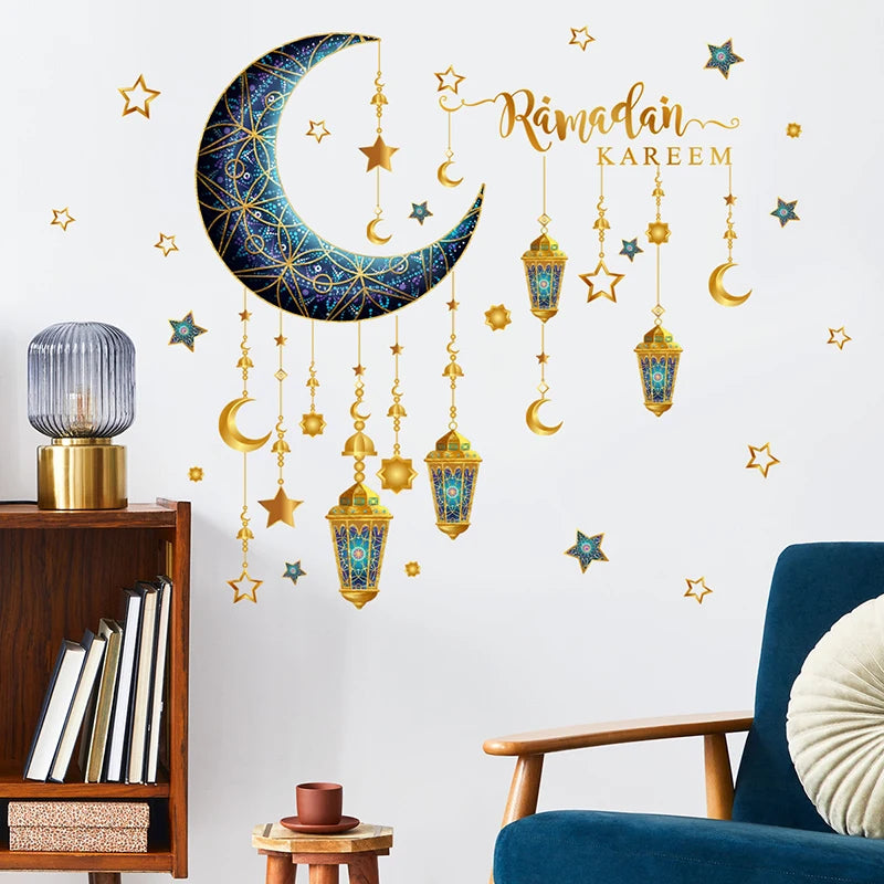 Eid Mubarak Wall Stickers Moon Star Lantern Ramadan Kareem Wall Decals Muslim Islamic Window Sticker Decorations for Home 2024