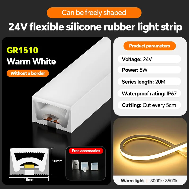 LED silicone light strip, linear light strip, embedded, 24V, waterproof, flexible, curved shape light