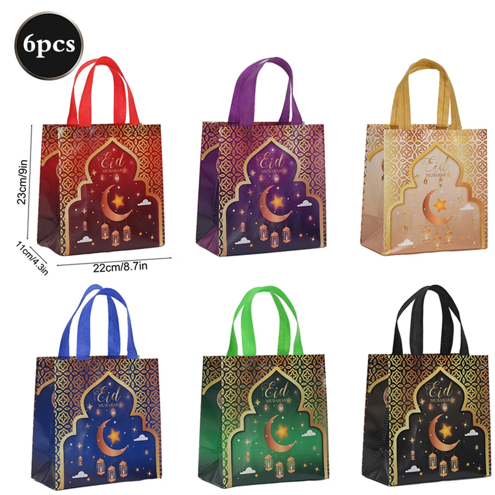 Eid Mubarak Non-Woven Gift Bags with Handles Ramadan Kareem Party Favor Bags for Treats Dates Mosque Pattern Colorful Goodie Bag