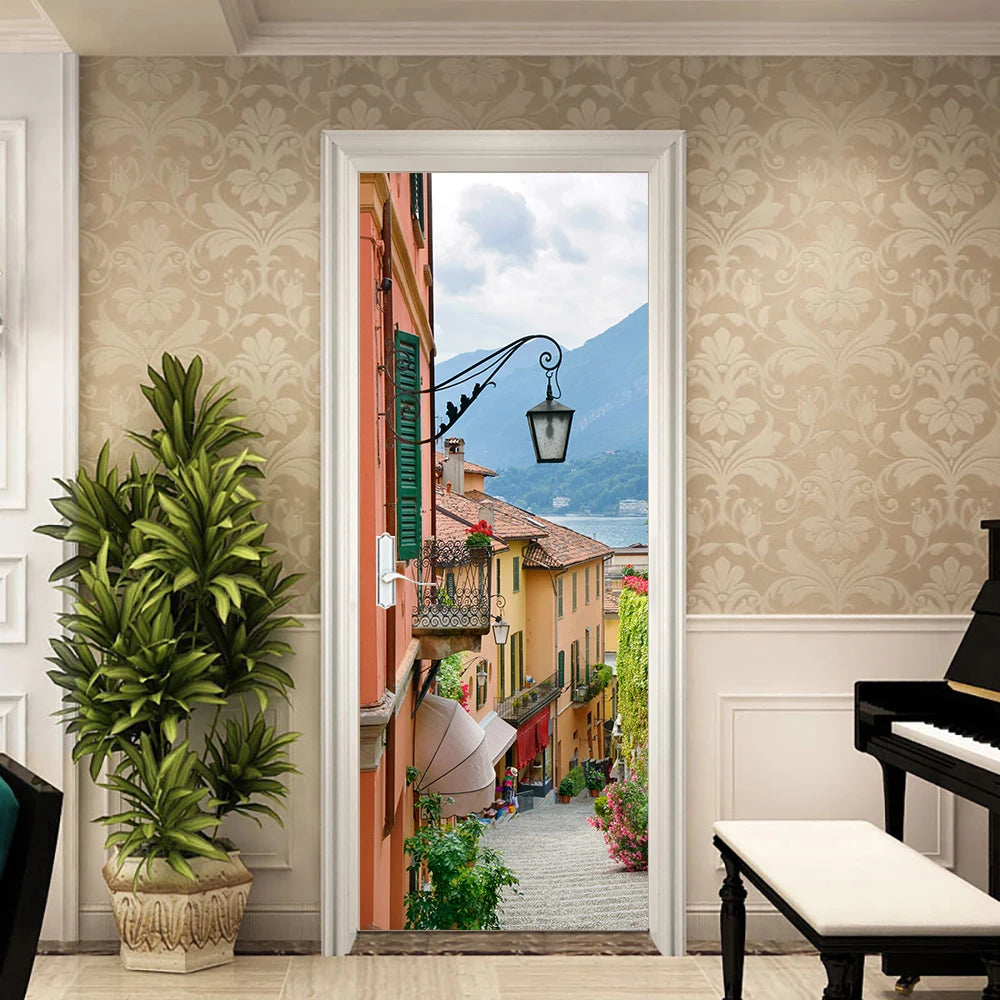 Medieval Stone Hutongs DIY Door Wall Sticker Home Decor Living Room Children Room Bedroom Art Mural Self-adhesive PVC Wallpaper
