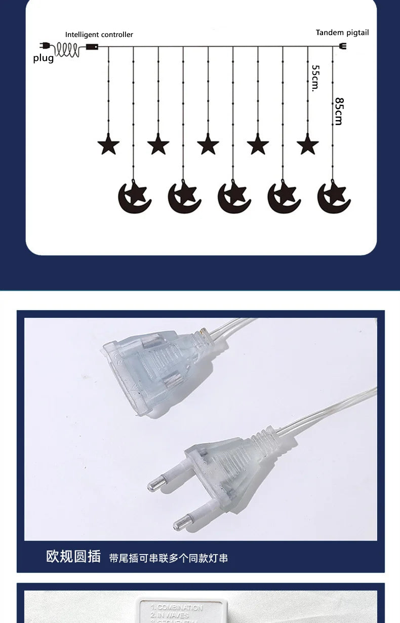 3M 10LED EU Plug Star Lamp Curtain, Ramadan Lamp for Bedroom, Home & Outdoor, Eid Party Decoration
