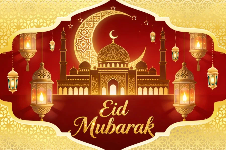Eid Mubarak Hari Raya Theme Backdrop Islamic Architecture Crescent Moon Gold Decor For Festival Celebration Photo Booth Gift Pos