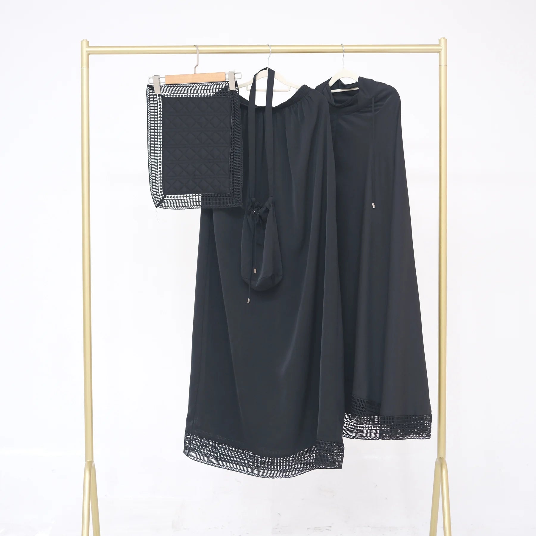 Muslim 4 Piece Set Women Skirts Headscarf Lace Storage Bag Prayer Pad Suit Eid Ramadan Morocco Dubai Hijab Long Skirt Outfits