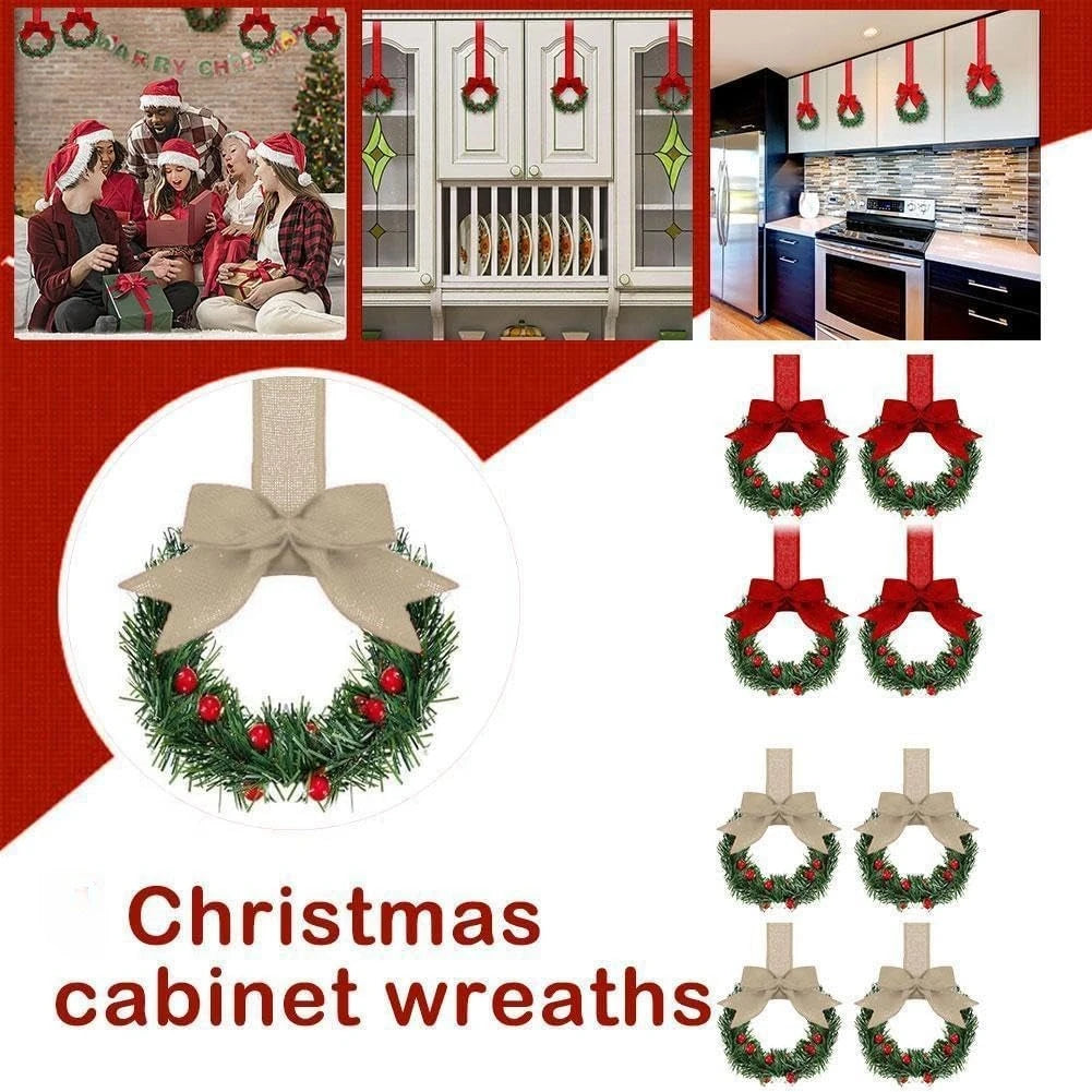 1pcs Christmas Kitchen Cabinet Wreaths with Ribbon Red Berry Mini Wreaths for Christmas Party Window Door Plastic Classic Wreath