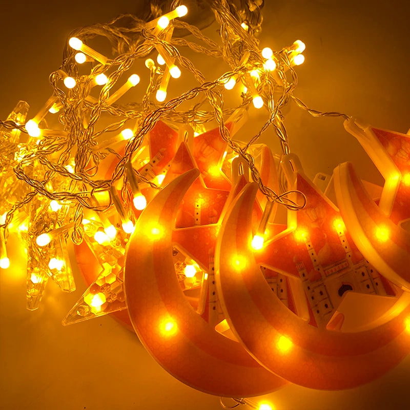 2026 Eid Al-Fitr Mubarak LED String Lights Moon Stars Curtain String Lights Islamic Ramadan Kareem Decoration for Home Garden