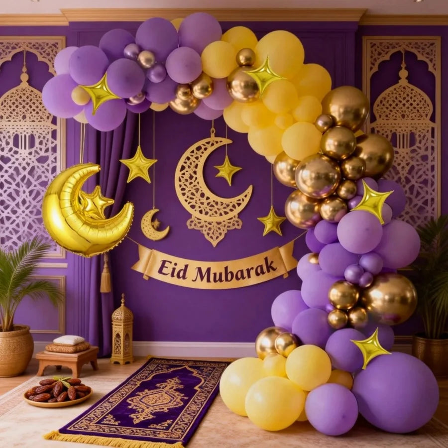 113Pcs Eid Mubarak Balloon Decoration Set Purple Yellow Gold Balloon Arch Kit with Moon Star Foil Balloons for Ramadan Eid Party