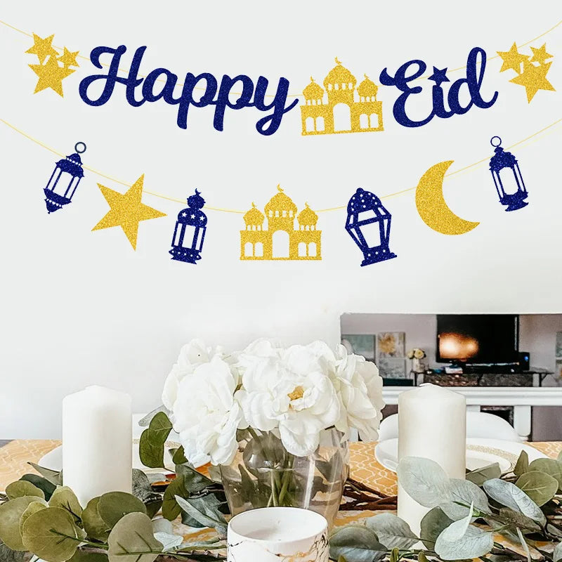 EID Mubarak Banner Glitter Star Moon Letter Paper Bunting Garland Islamic Muslim Party Ramadan Kareem Decorations for Home 2026