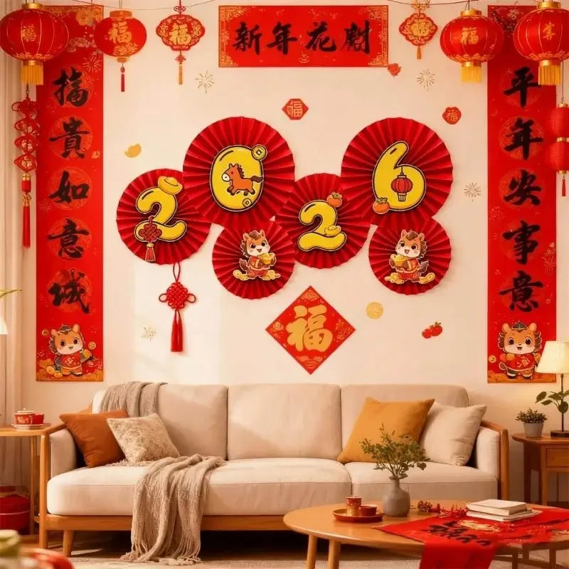 6pcs New Year Paper Fan Decoration For Festival Home And Office Parties-Traditional Decoration with Dragon, Phoenix, Lanterns