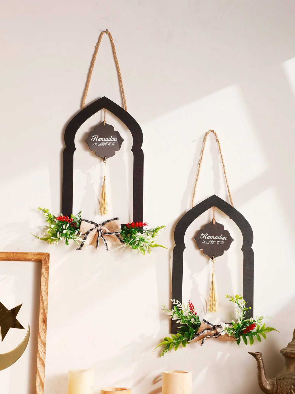 Ramadan Wooden Wall Hanging Decor Islamic Arch Design with Floral & Tassel Festive Home & Wall Decoration for Ramadan & Eid Gift