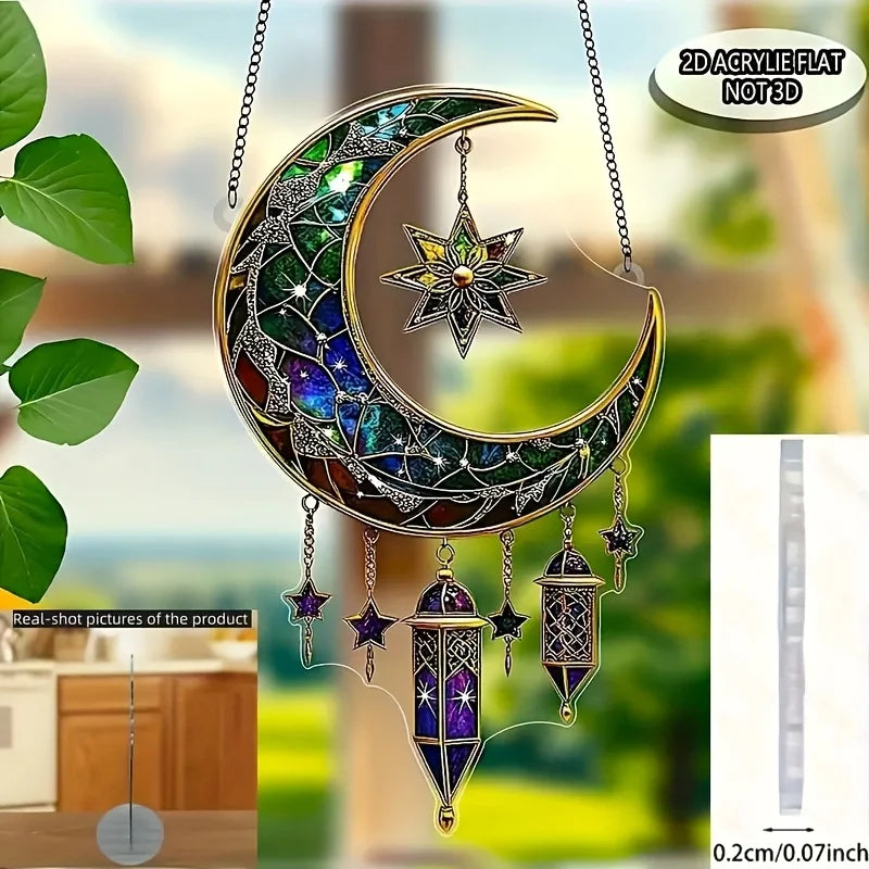 1pcs 2D Moon Acrylic Light Catcher, Traditional Islamic Design Ramadan and Eid Al-Fitr Window Hanging Decoration