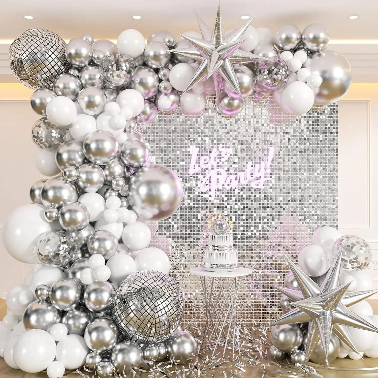 White and Gold Balloons Garland Arch Kit with Starburst Foil Balloon for Wedding Anniversary Birthday Party Decorations Supplie