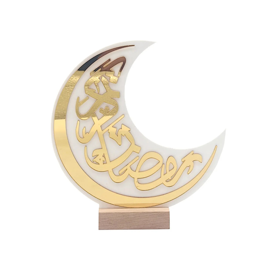 Ramadan Elegant White & Gold Crescent Moon Acrylic Decoration  Eid Calligraphy Moon Table Stand Ramadan Party Home Decorations