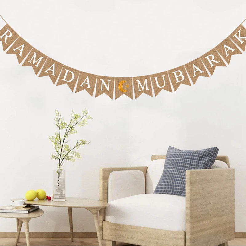 Eid Mubarak Linen Banner Garland Moon Star Hanging Ornaments Islamic Muslim for Home Ramadan Decoration Festival Party Supplies