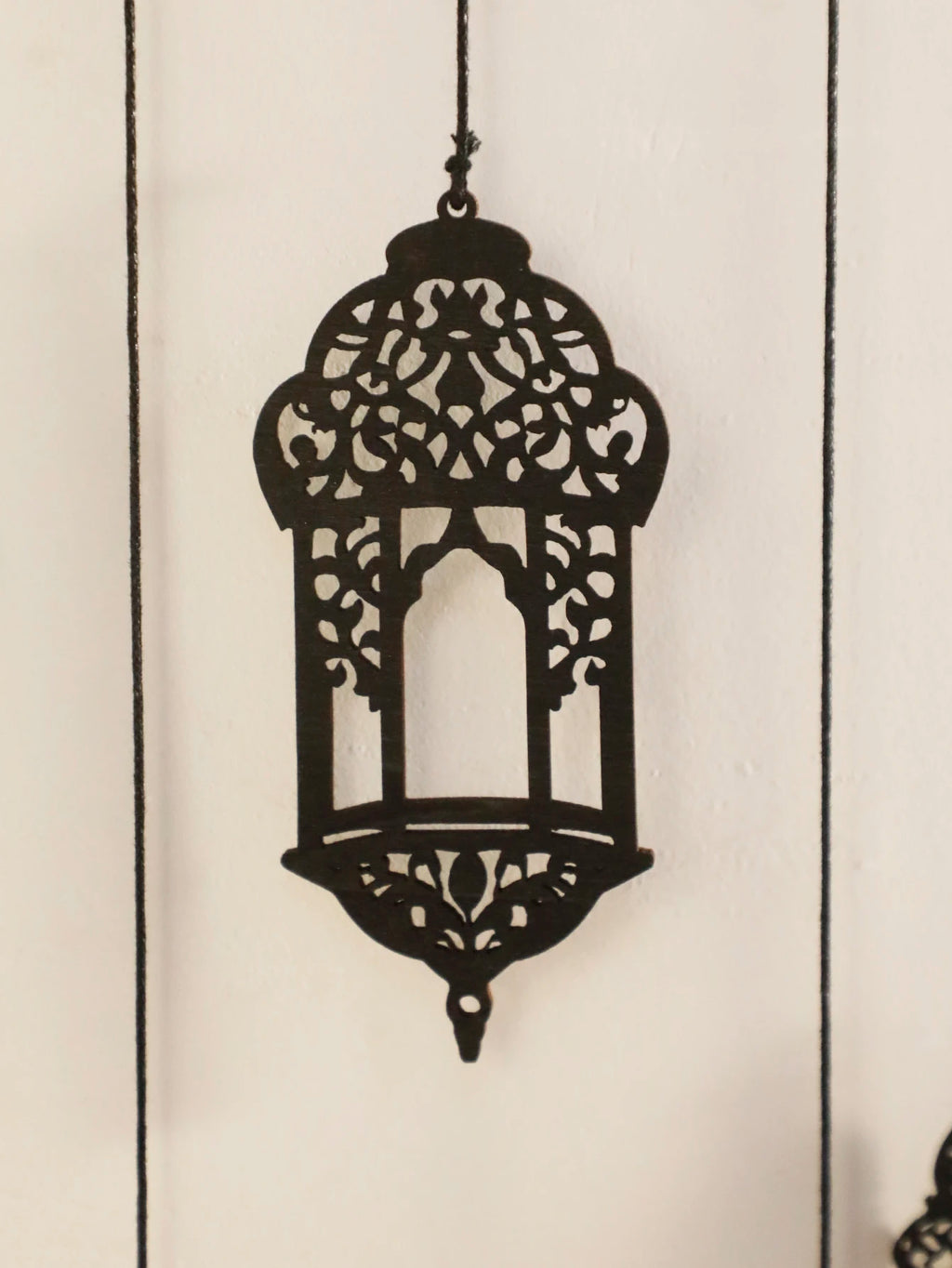 Wooden Wall Decor - Black Wooden Crescent Moon with Star Cutouts , Hanging Lanterns for Ramadan Eid, Islamic Festival Home Decor