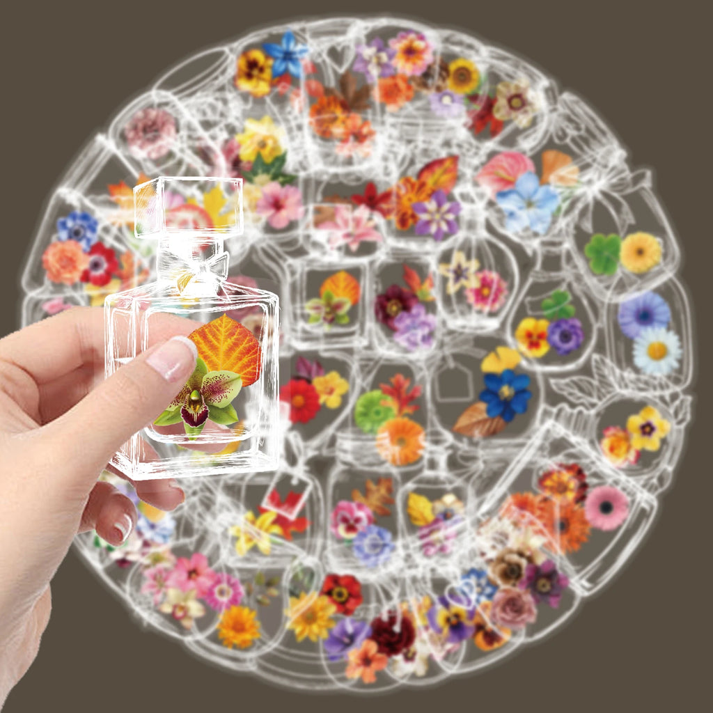 50/100PCS Glass Bottles with Dried Flower PET Sticker Waterproof Oil proof Transparent Romantic Art Colorful Flower Gift