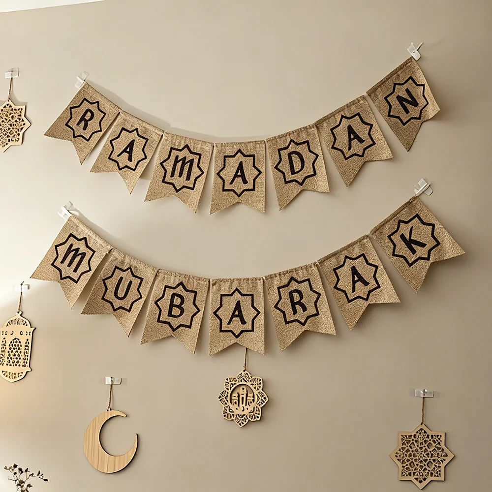 Ramadan mubarak Hessian Bunting Muslim Islamic Kareem Eid Al-Fitr home Dessert table wall Hanging decoration Sign backdrop gift