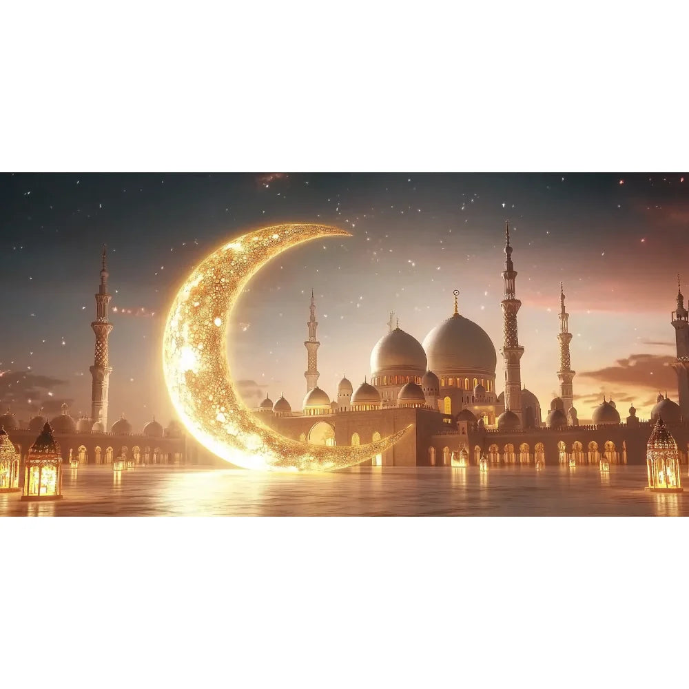 Golden Moon Eid Mubarak 2025 Decor Banner Background Lights Ramadan Kareem Islamic Building Muslim House Party Photo Backdrop