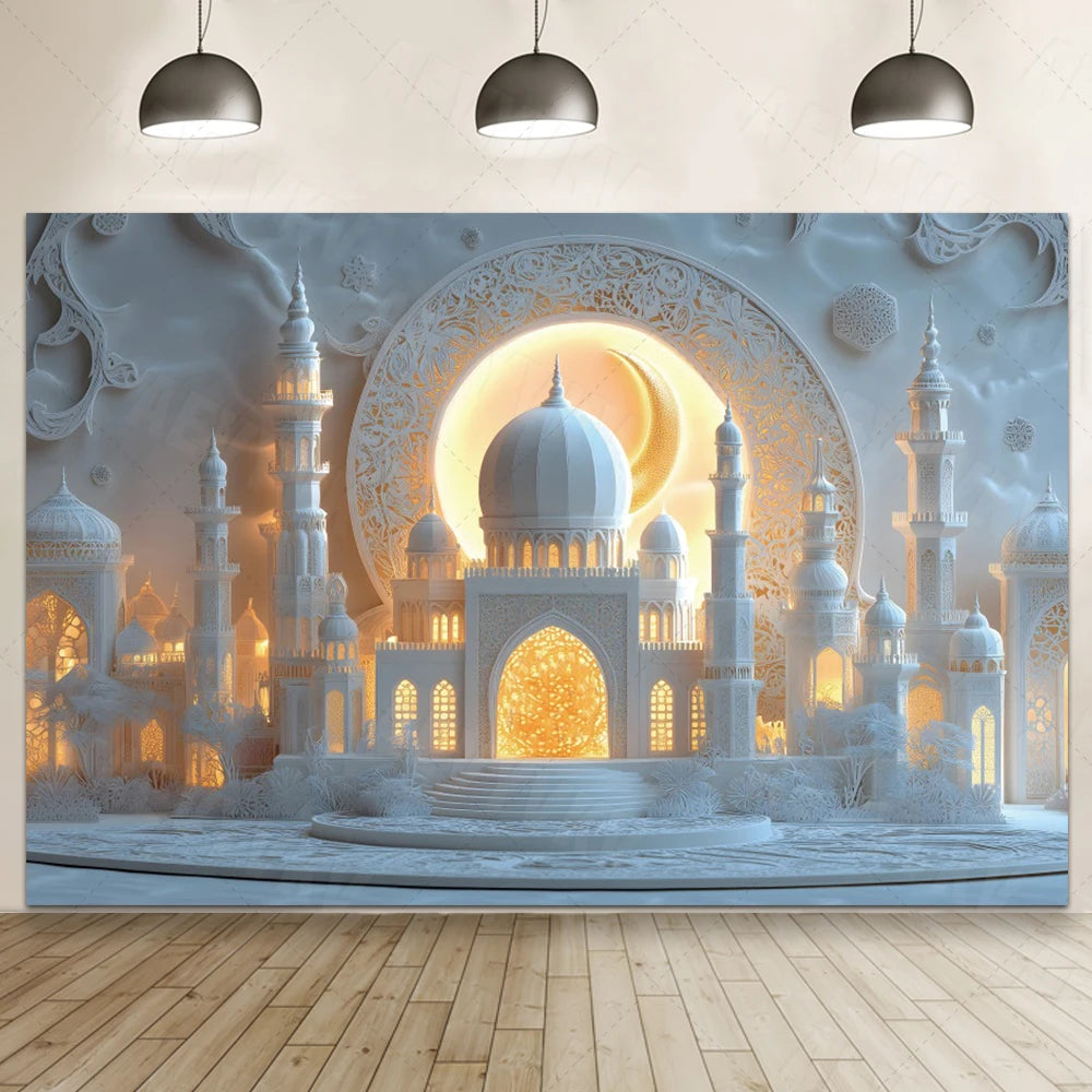 Ramadan Eid Mosque Photo Booth Backdrop Customizable Islamic Party Decoration Green Gold Banner Photography Studio Background