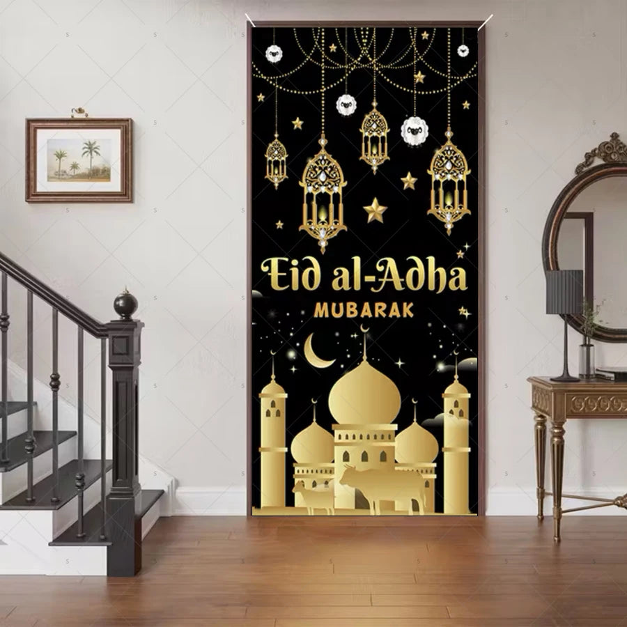 Ramadan Eid Door Cover Backdrop Supplies Moon Mosque Background Islamic Muslim Festival Theme Party Decoration Photography Props