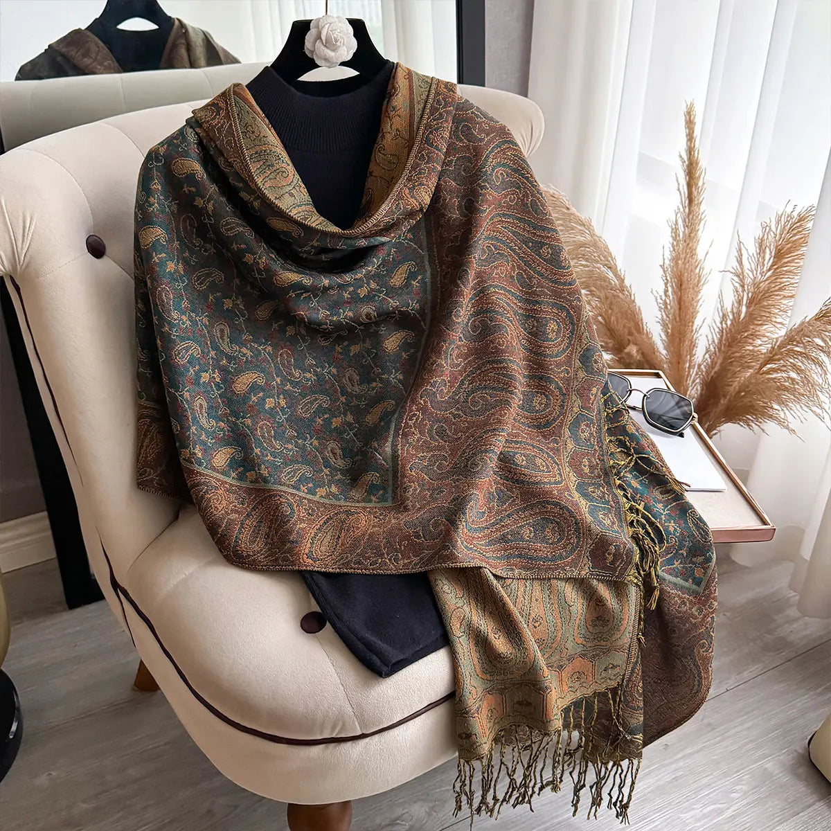 Large Size Pashmina Shawl Tassel Paisley Small flowers Element Scraf Casual Outdoor Wear Muslim Headscarf Elegant Wrap for Women