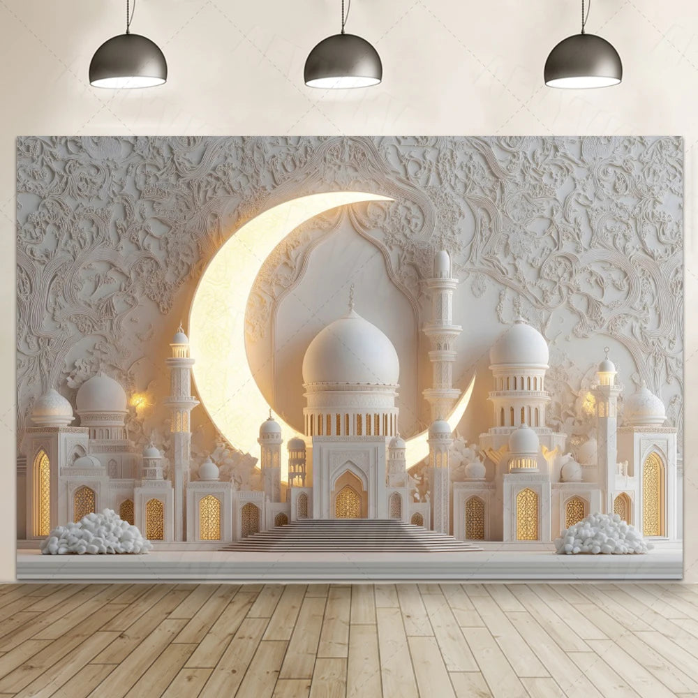 Ramadan Eid Mosque Photo Booth Backdrop Customizable Islamic Party Decoration Green Gold Banner Photography Studio Background