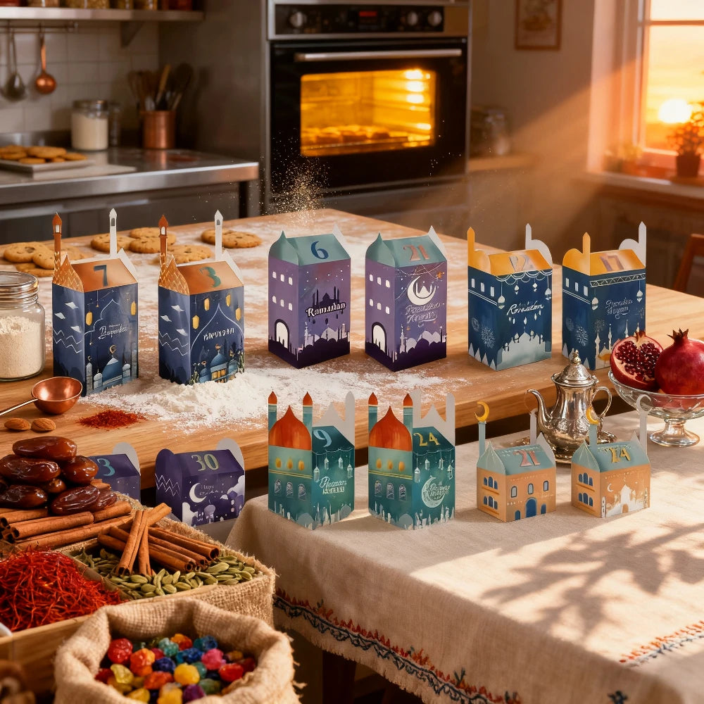 30-piece Ramadan "Exotic Countdown Gift Box"! Mosque Night Scene Design, Colourful and Unique Shapes, Printing Ramadan Dates,