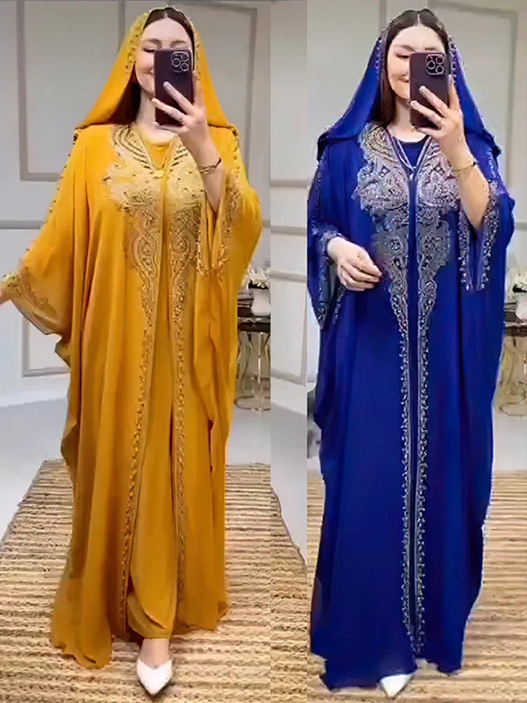 Eid Muslim Dress for Women – Hooded 2-Piece Diamond Jalabiya Kaftan
