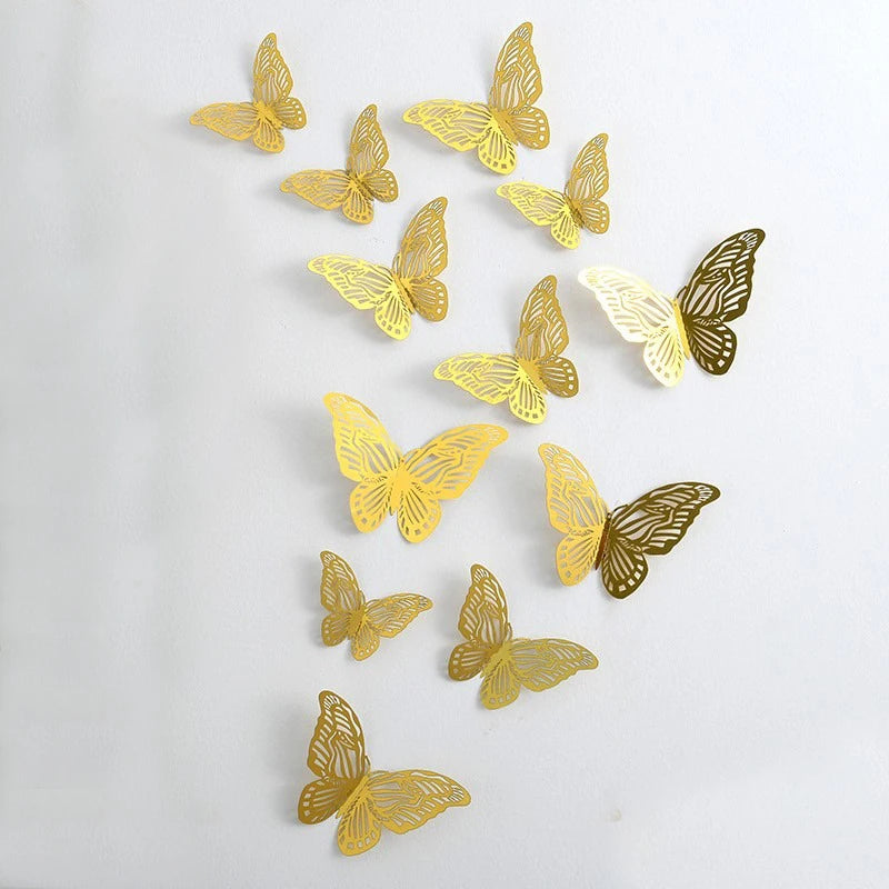 12/24/48Pcs 8cm 3D Butterfly Wall Stickers Gold Butterfly Decorations for Butterfly Birthday Party Cake Room Window Garden Decor