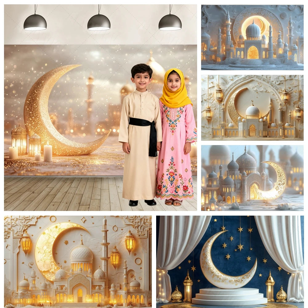 Ramadan Eid Mosque Photo Booth Backdrop Customizable Islamic Party Decoration Green Gold Banner Photography Studio Background
