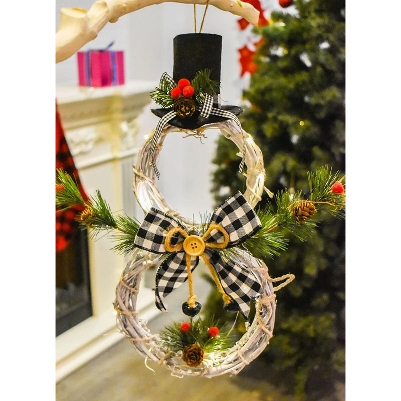 Christmas Snowman Wreath Garland Led Light Door Decoration Artificial Home Window Wall Background Door Hanging Luminous Ornament