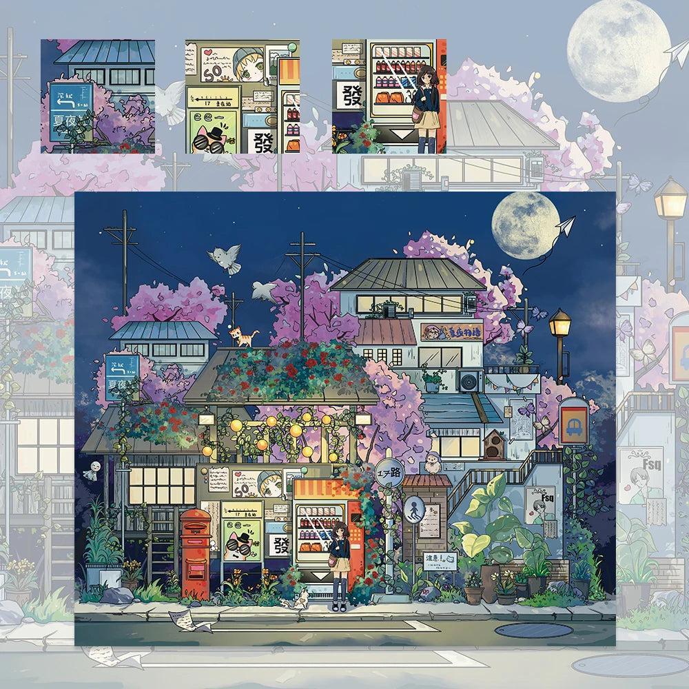 1 Set Miniature Scene DIY Stickers Summer Night Bus Stop Kit Desk Bookcase Decor Casual Play Toy For Art Lovers Holiday Present