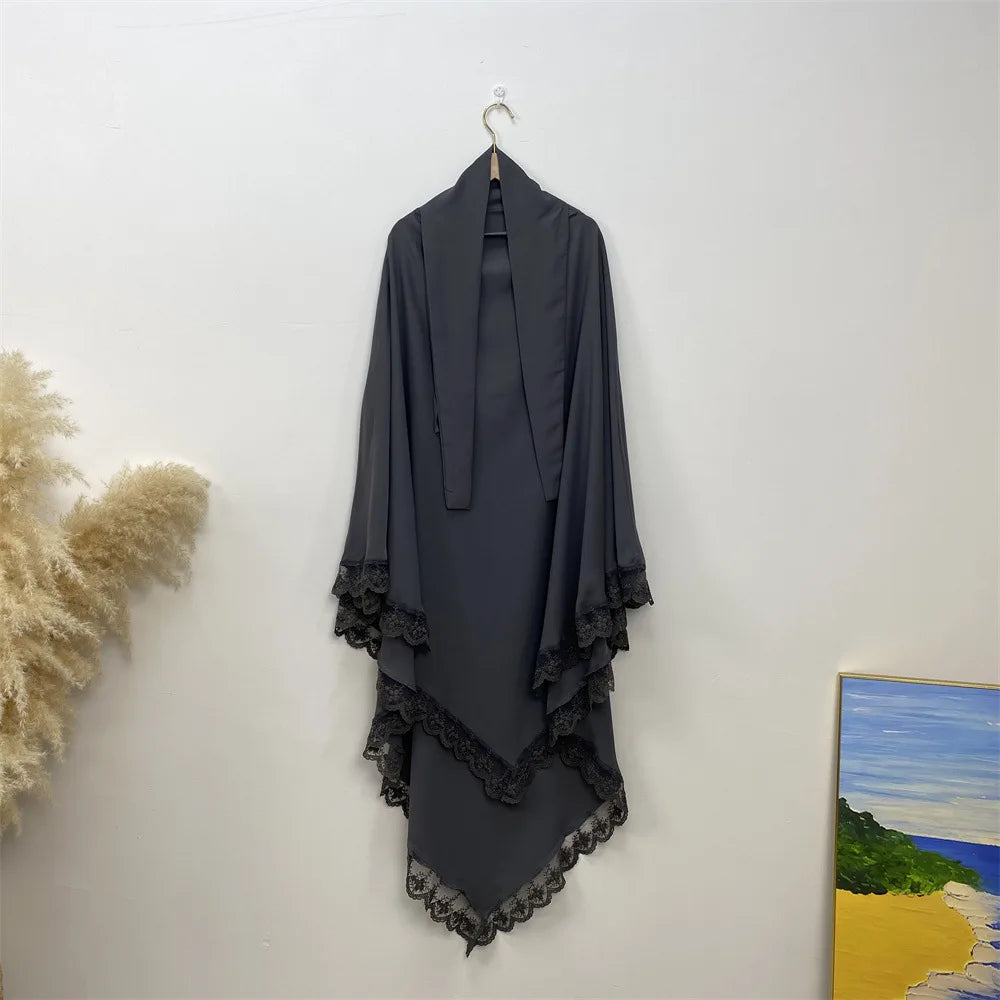 Eid Khimar Lace Long Khimar Hijab Scarf Muslim Modest Prayer Hijabs Islam Clothing Ramadan Djellaba Kebaya Jalabiya Headscarf