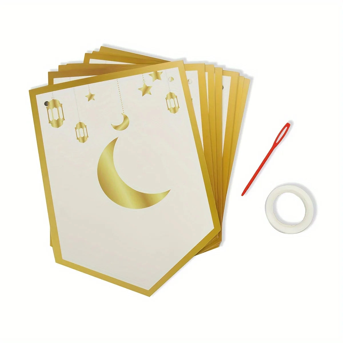 1pc Ramadan Mubarak Banner with Crescent Moon and Stars Paper Garland Decor for Ramadan, Eid Al-Fitr, Universal Celebrations