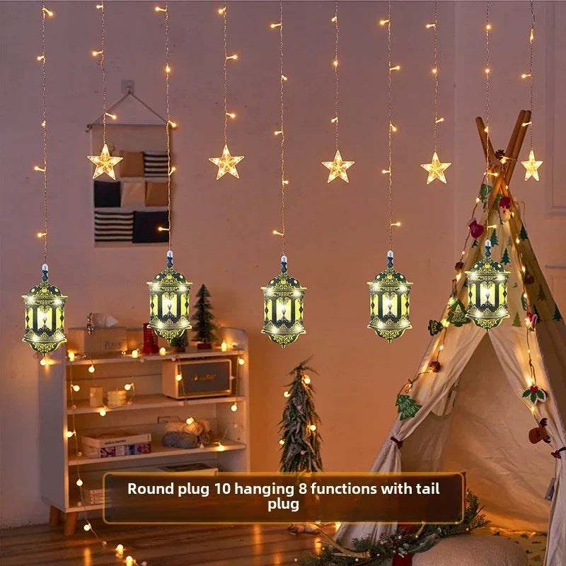 Ramadan String Lights LED Curtain with Moon Castle for Eid Mubarak Celebration Islamic Festive Window Decor Home Atmosphere