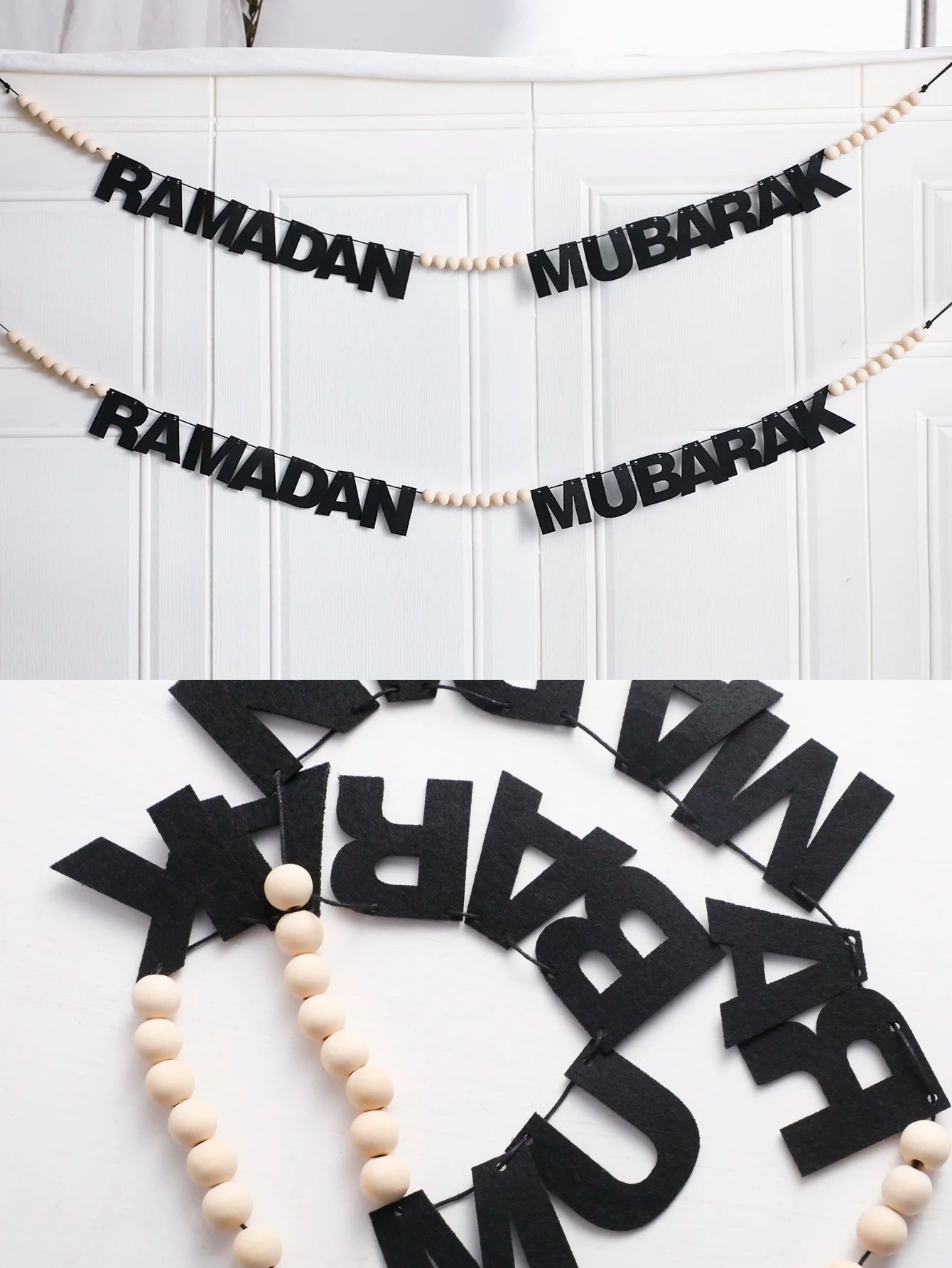 Ramadan Kareem Mubarak Banner Decor Black Felt Letters Garland with Wooden Beads Islamic Eid Festival Wall Hanging Ornament Gift
