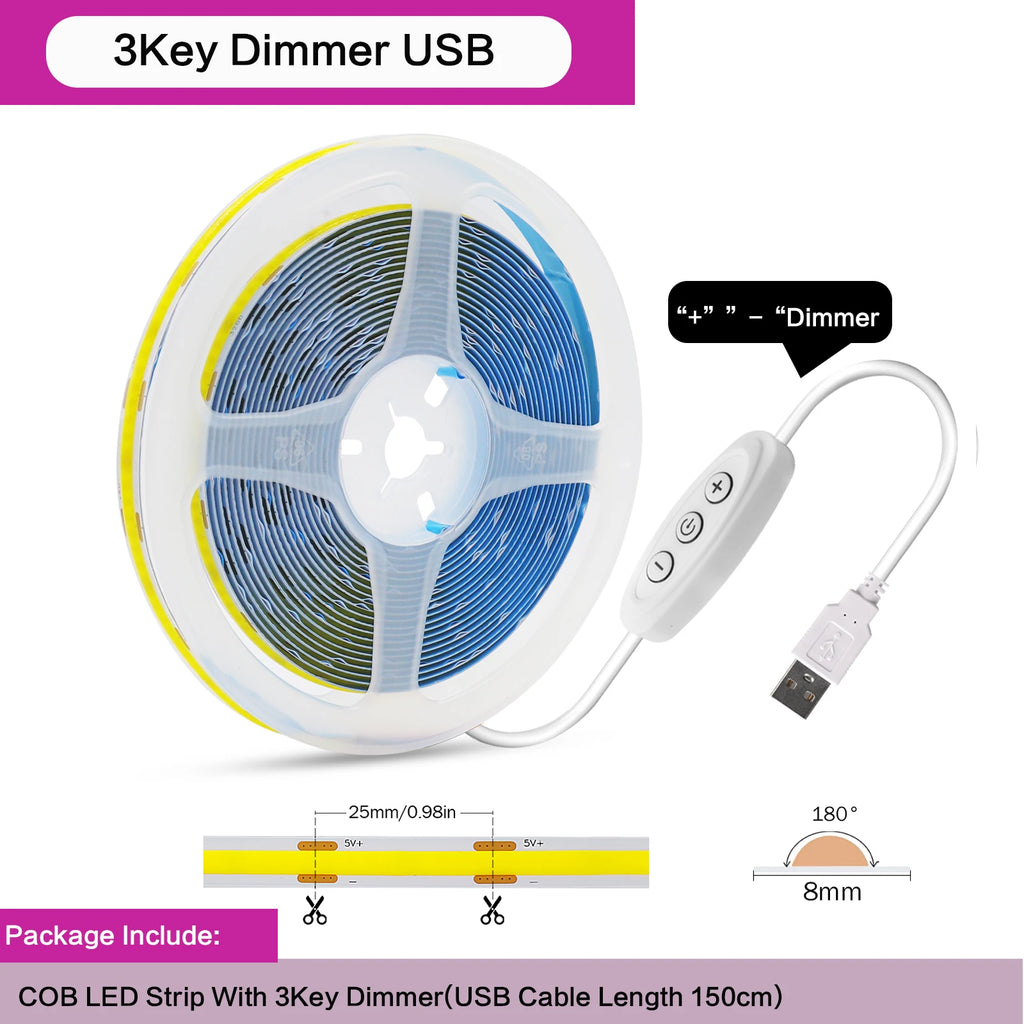 5V COB LED Light Strip With Touch Dimmer/ON OFF Switch/3Key Dimmer 320LEDs/M High Density LED Lamp Room Bar TV Backlight 9Colors