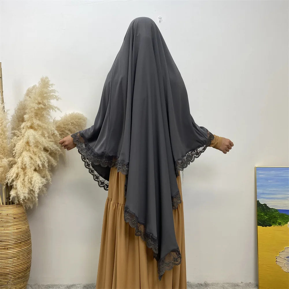 Eid Khimar Lace Long Khimar Hijab Scarf Muslim Modest Prayer Hijabs Islam Clothing Ramadan Djellaba Kebaya Jalabiya Headscarf
