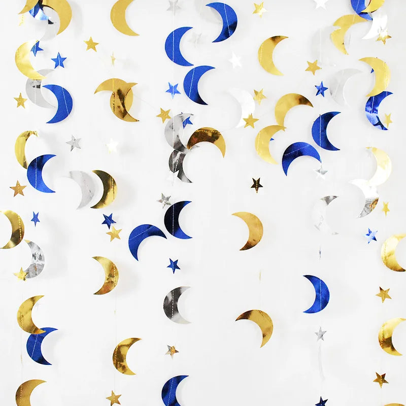 1pc Eid Mubarak Paper Garland Moon & Star Hanging Decor, Festival Wall Decoration for Ramadan Celebration, Home Decor