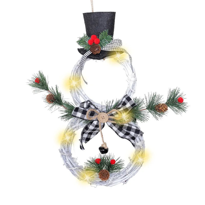 Christmas Snowman Wreath Garland Led Light Door Decoration Artificial Home Window Wall Background Door Hanging Luminous Ornament