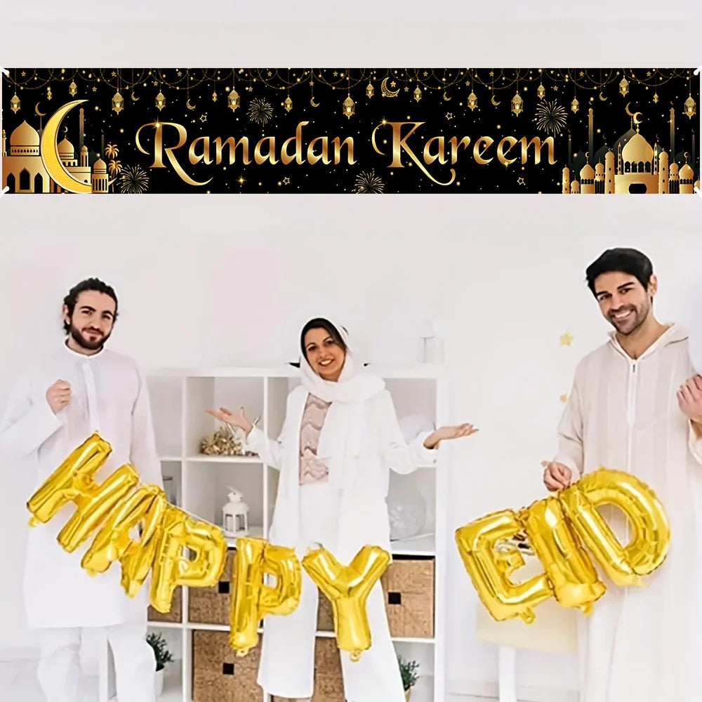 VIKAMA Ramadan Karim Banner Tapestry Black Gold Star Moon Mosque Eid al Fitr Outdoor Courtyard Festival Party Decoration