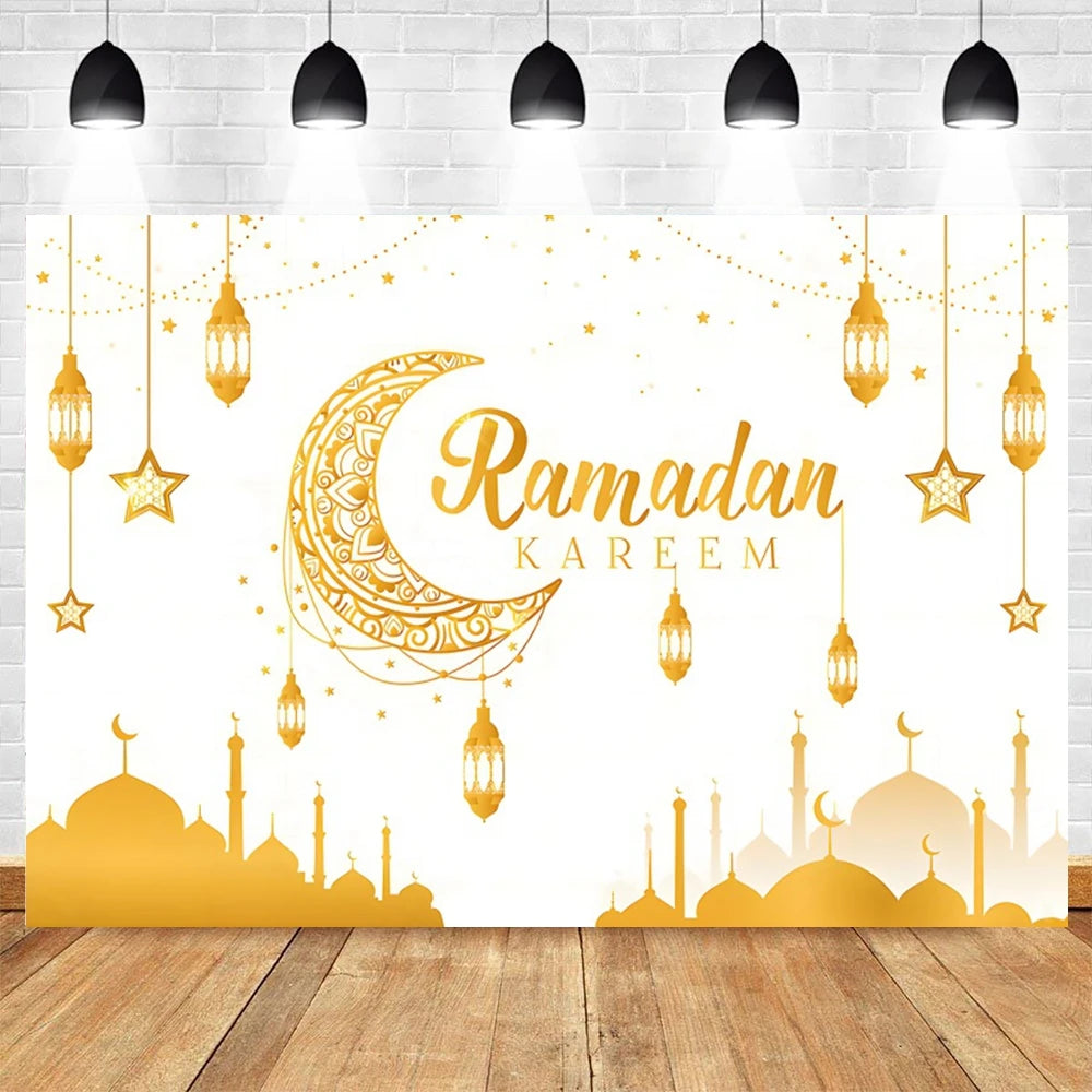 Ramadan Kareem Photography Backdrop EID Mubarak Islamic Mosque Lamps Moon Star White Cloud Photo Background Studio Poster Decor
