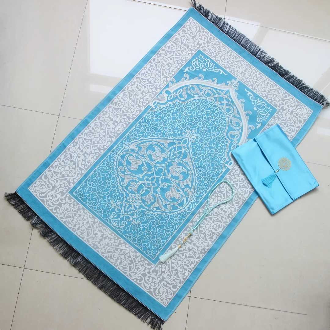 Muslim Prayer Rug and Prayer Beads with Bag Janamaz Soft Sajadah Islamic Gifts Set Portable Prayers Carpet Mat Taffeta Fabric